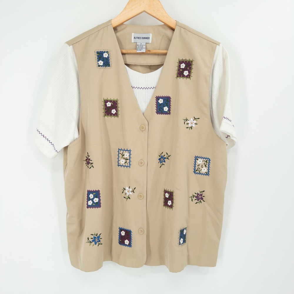 Vintage Alfred Dunner Patchwork Embroidered Vest Top M Granny Cottagecore Quirky